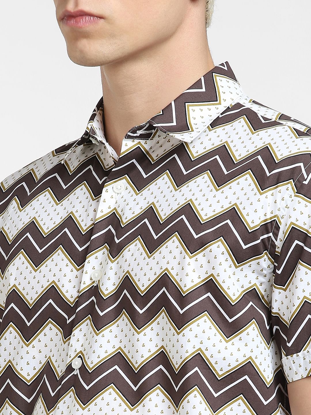 Brown Abstract Print Short Sleeves Shirt