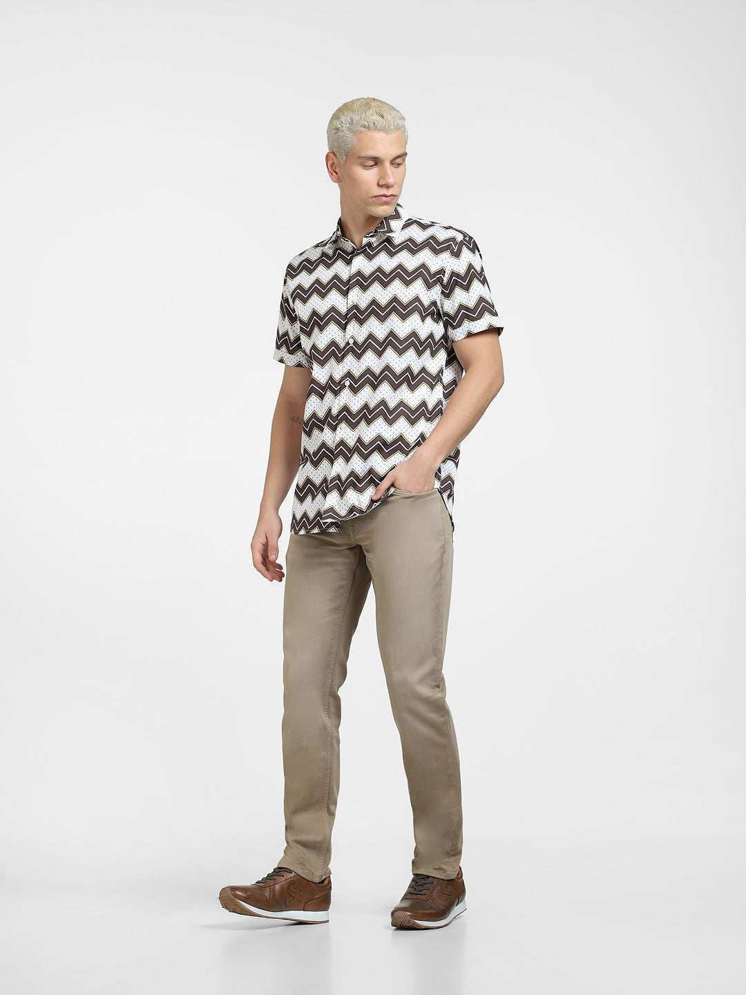 Brown Abstract Print Short Sleeves Shirt