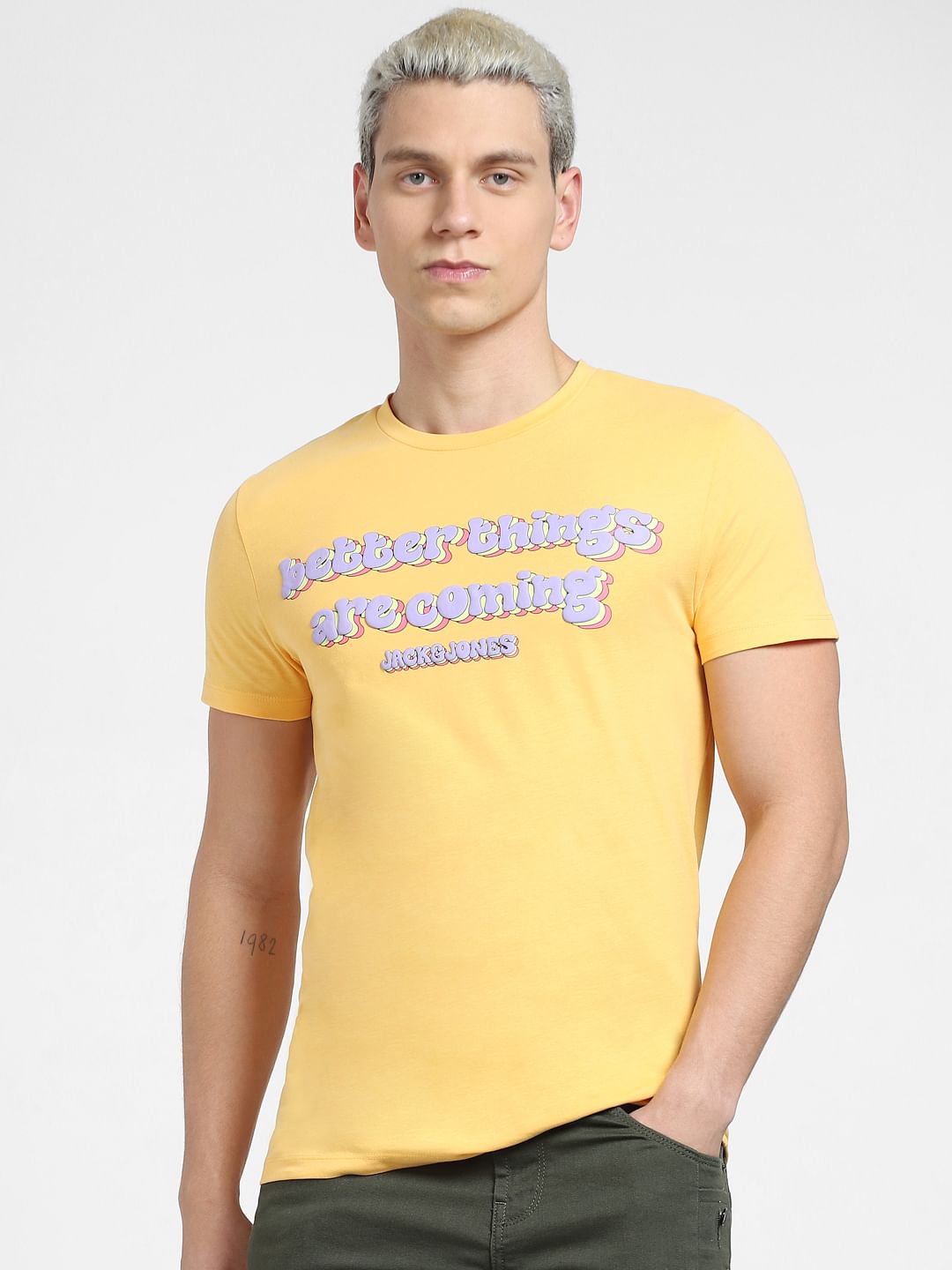 Yellow Typographic Print Crew Neck T-shirt