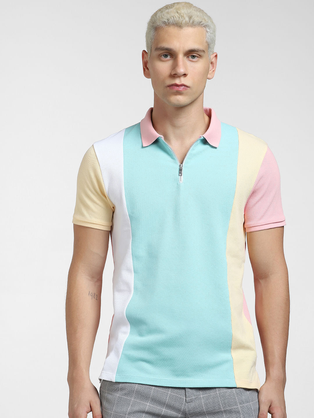 Pink Colourblocked Polo Neck T-shirt