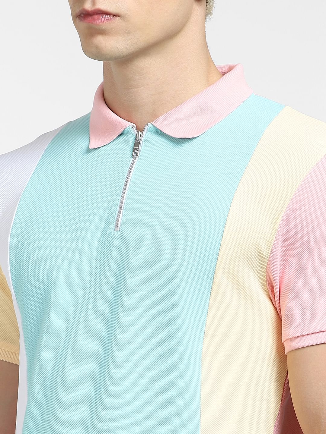 Pink Colourblocked Polo Neck T-shirt