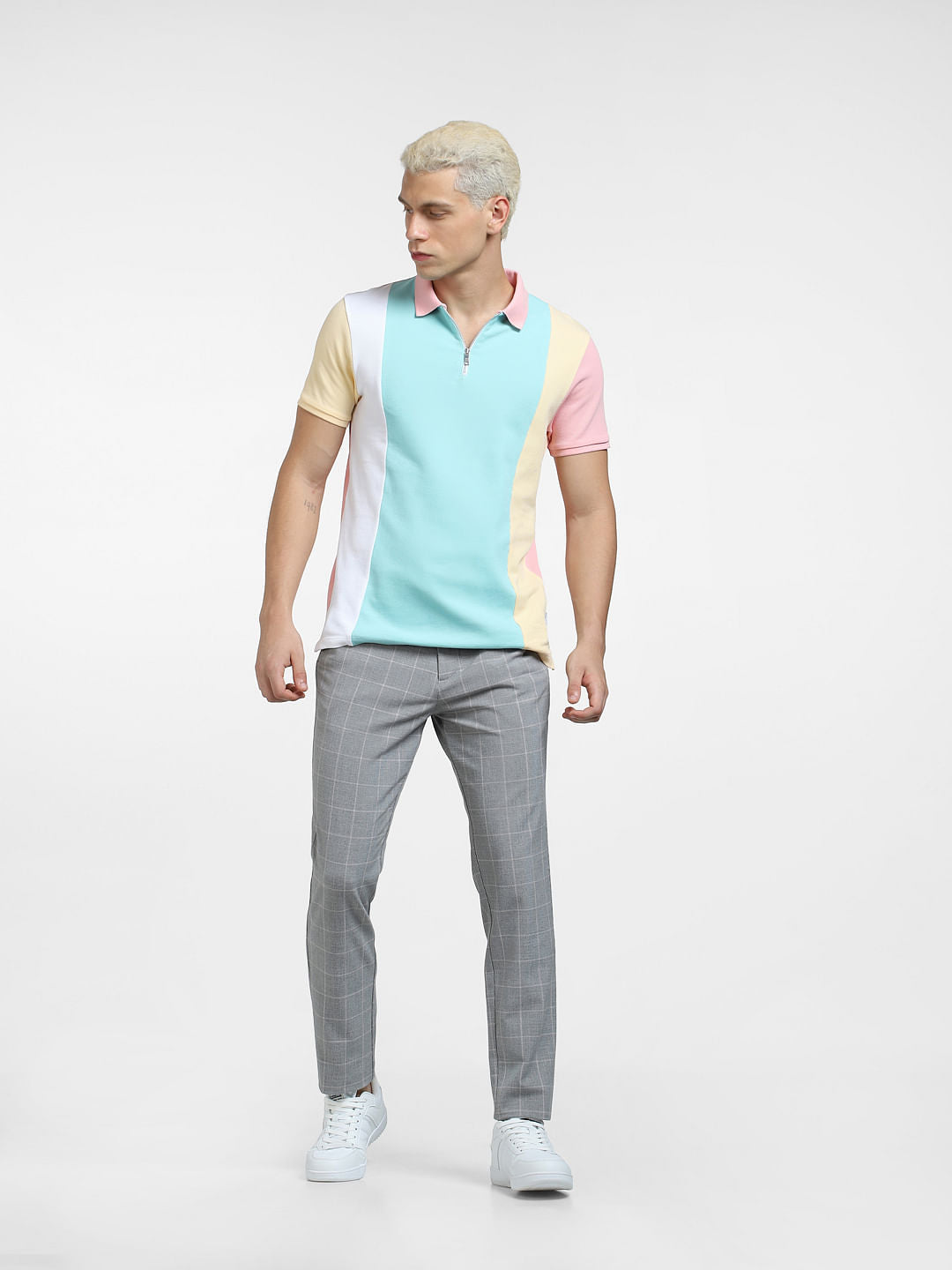 Pink Colourblocked Polo Neck T-shirt