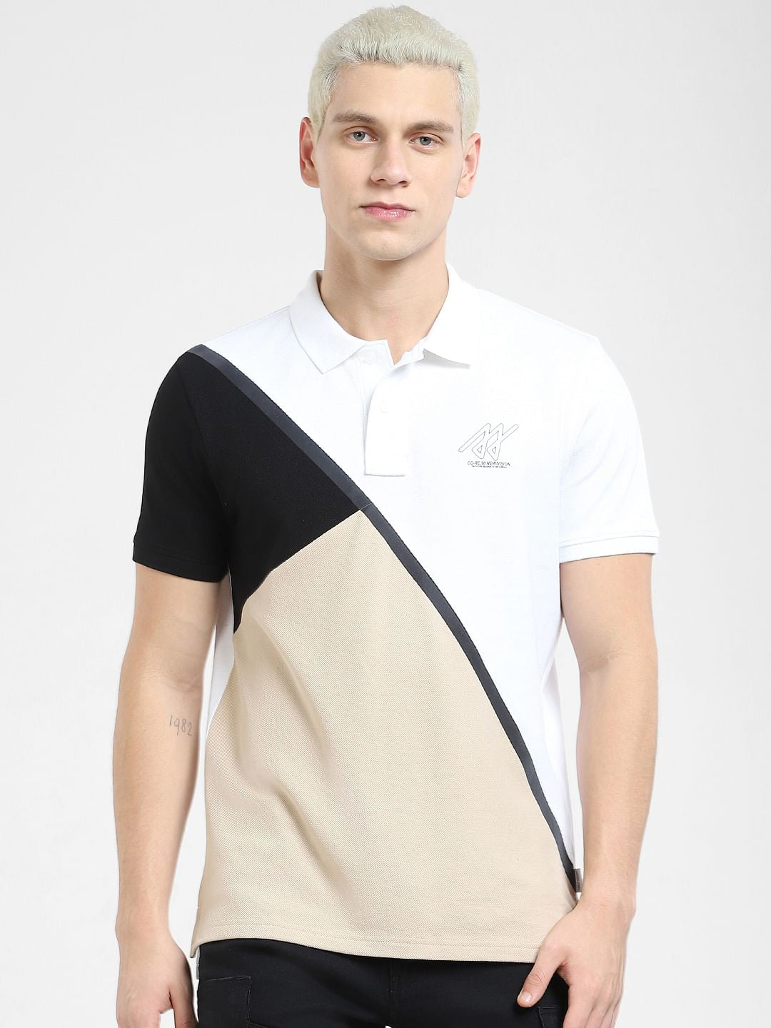 White Colourblocked Polo T-shirt