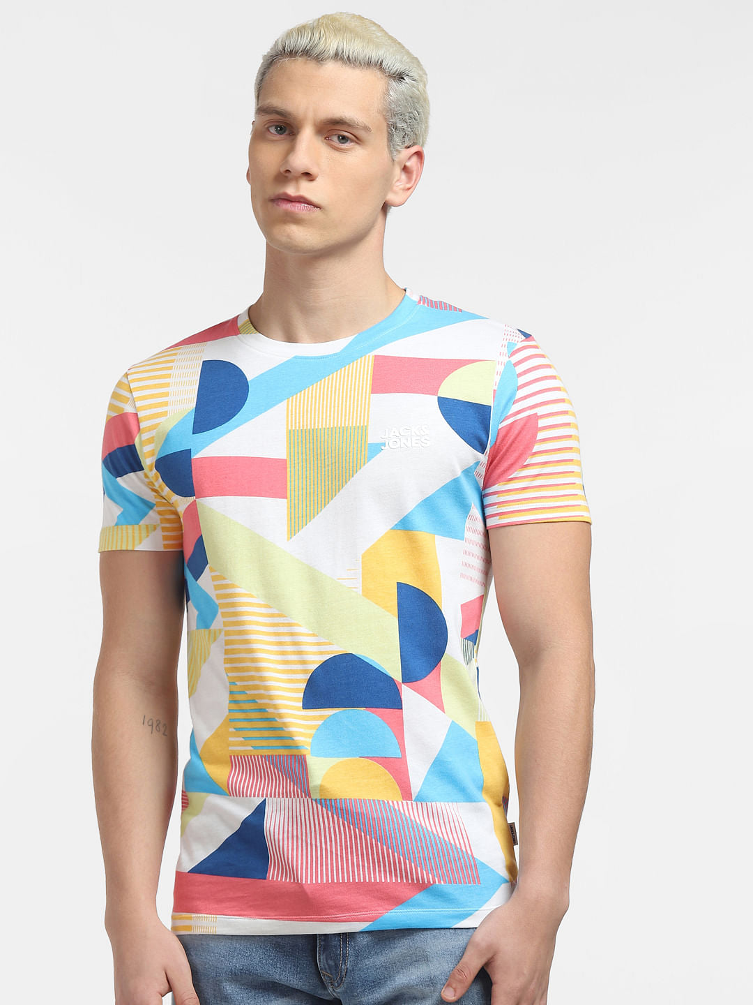 White Colourblocked Crew Neck T-shirt