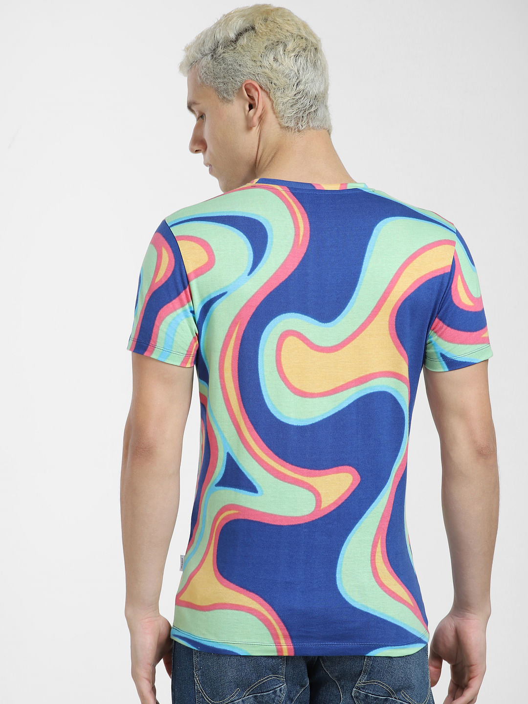 Blue Printed Crew Neck T-shirt