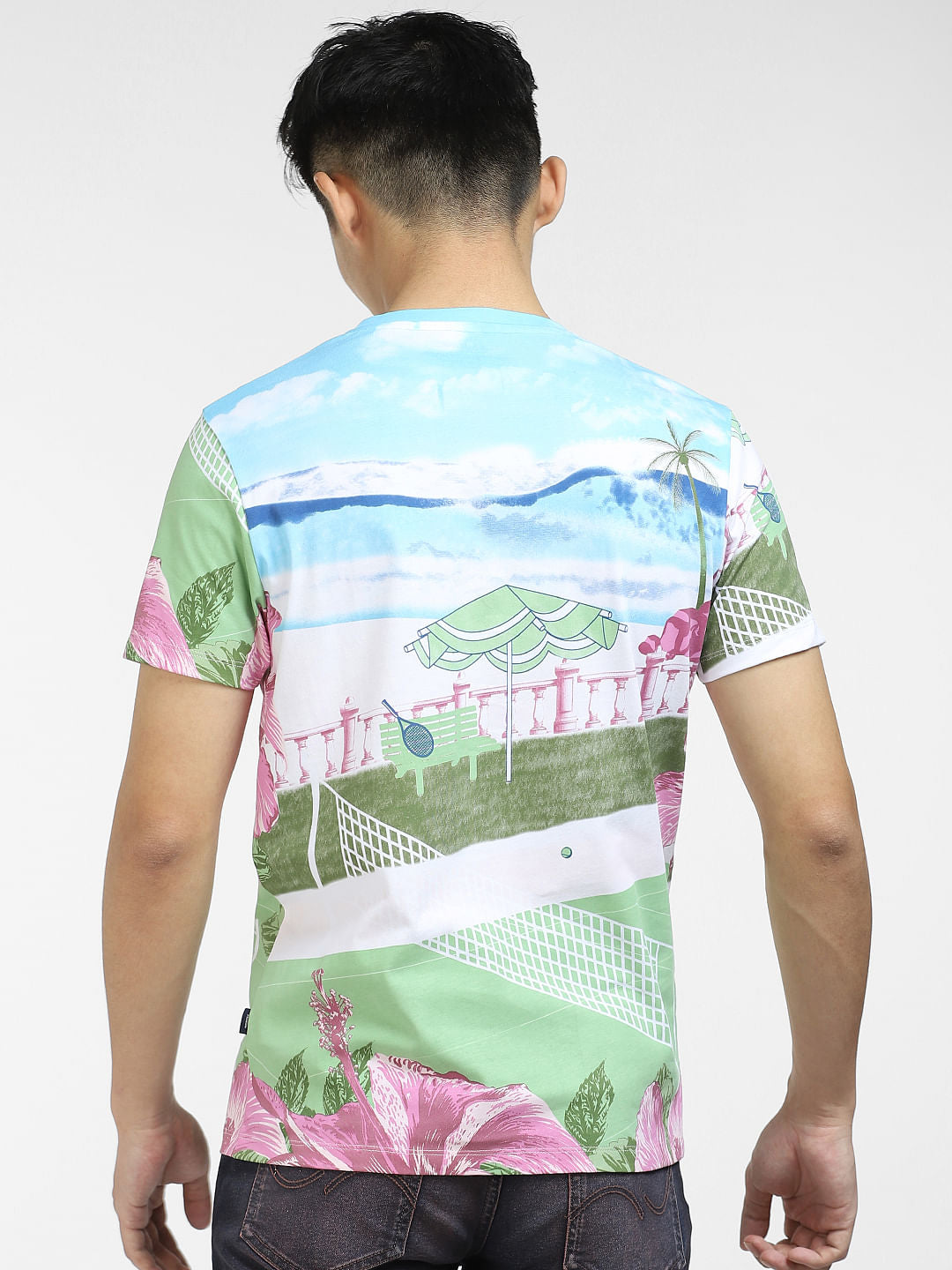 Blue Printed Crew Neck T-shirt