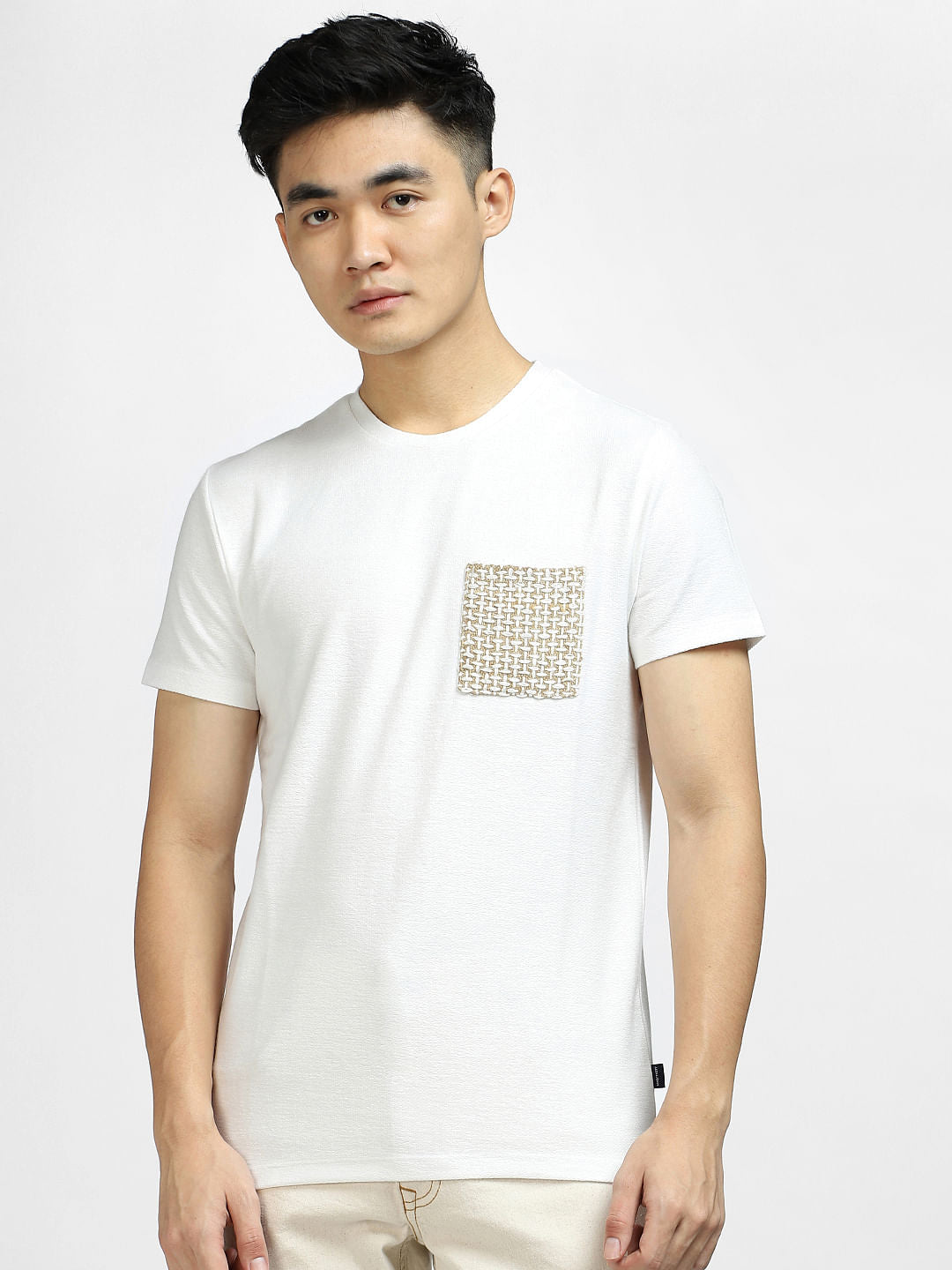 White Printed Pocket Crew Neck T-shirt