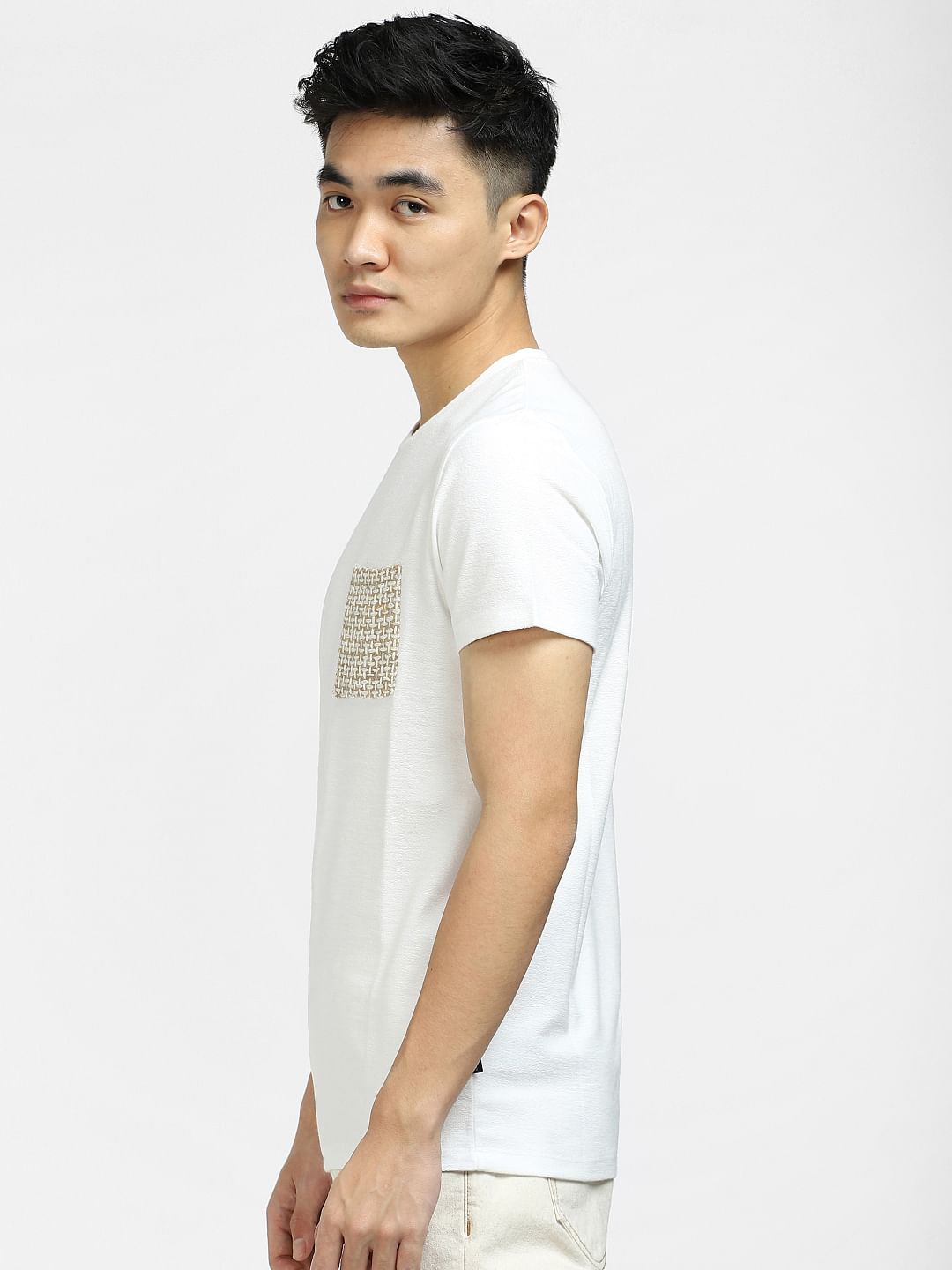 White Printed Pocket Crew Neck T-shirt