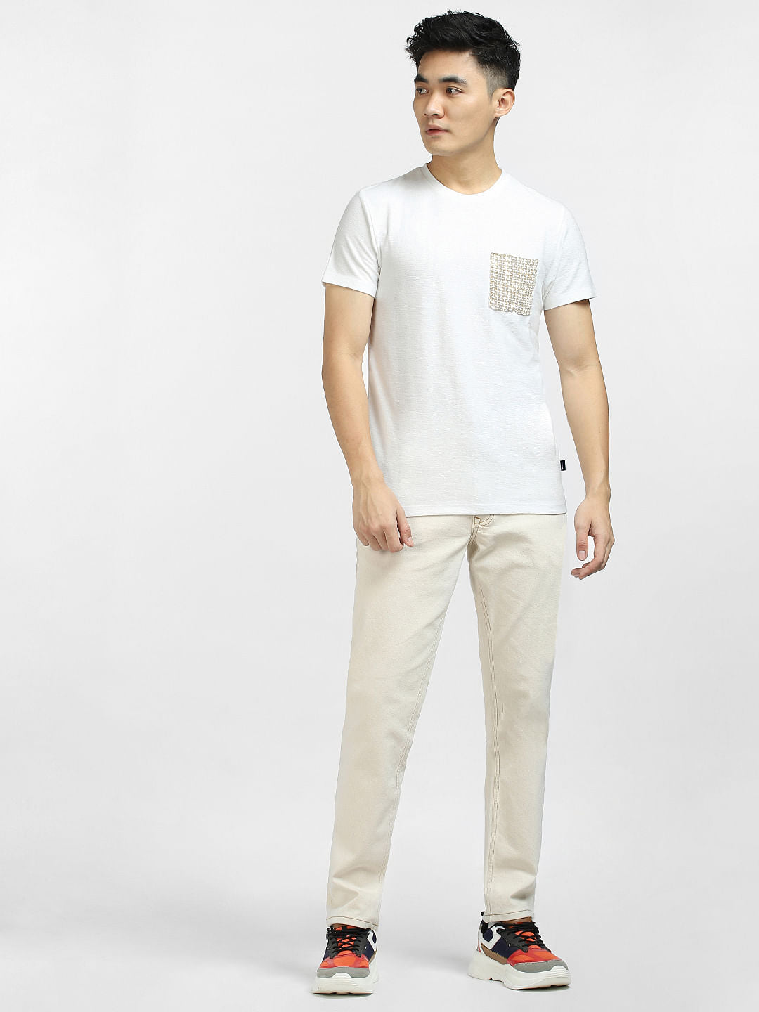White Printed Pocket Crew Neck T-shirt