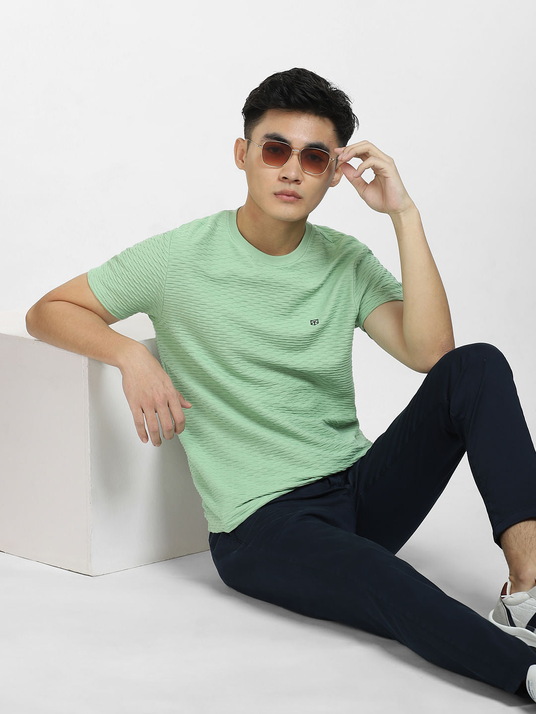 Green Self-Design Crew Neck T-shirt