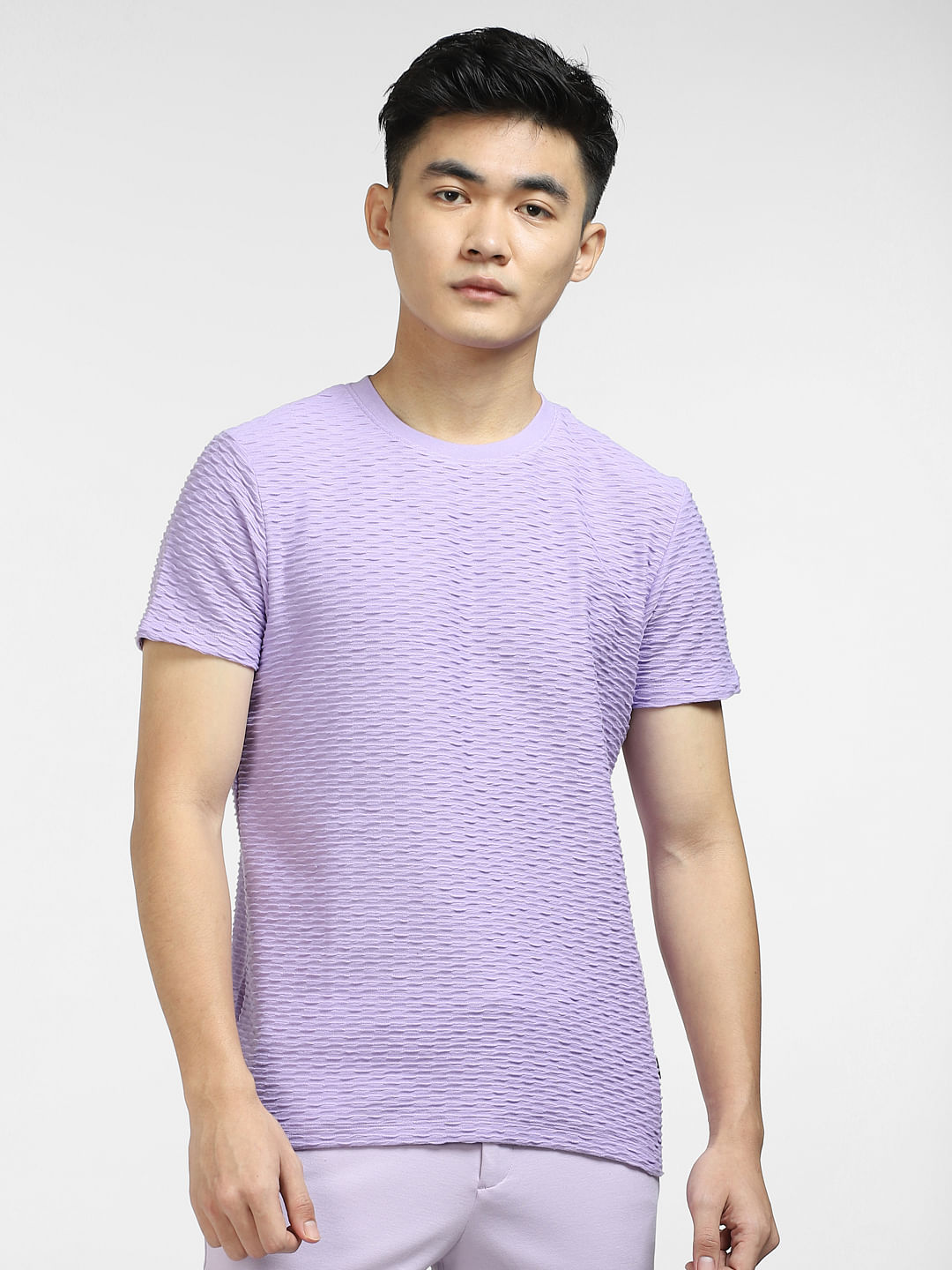 Purple Self-Design Crew Neck T-shirt