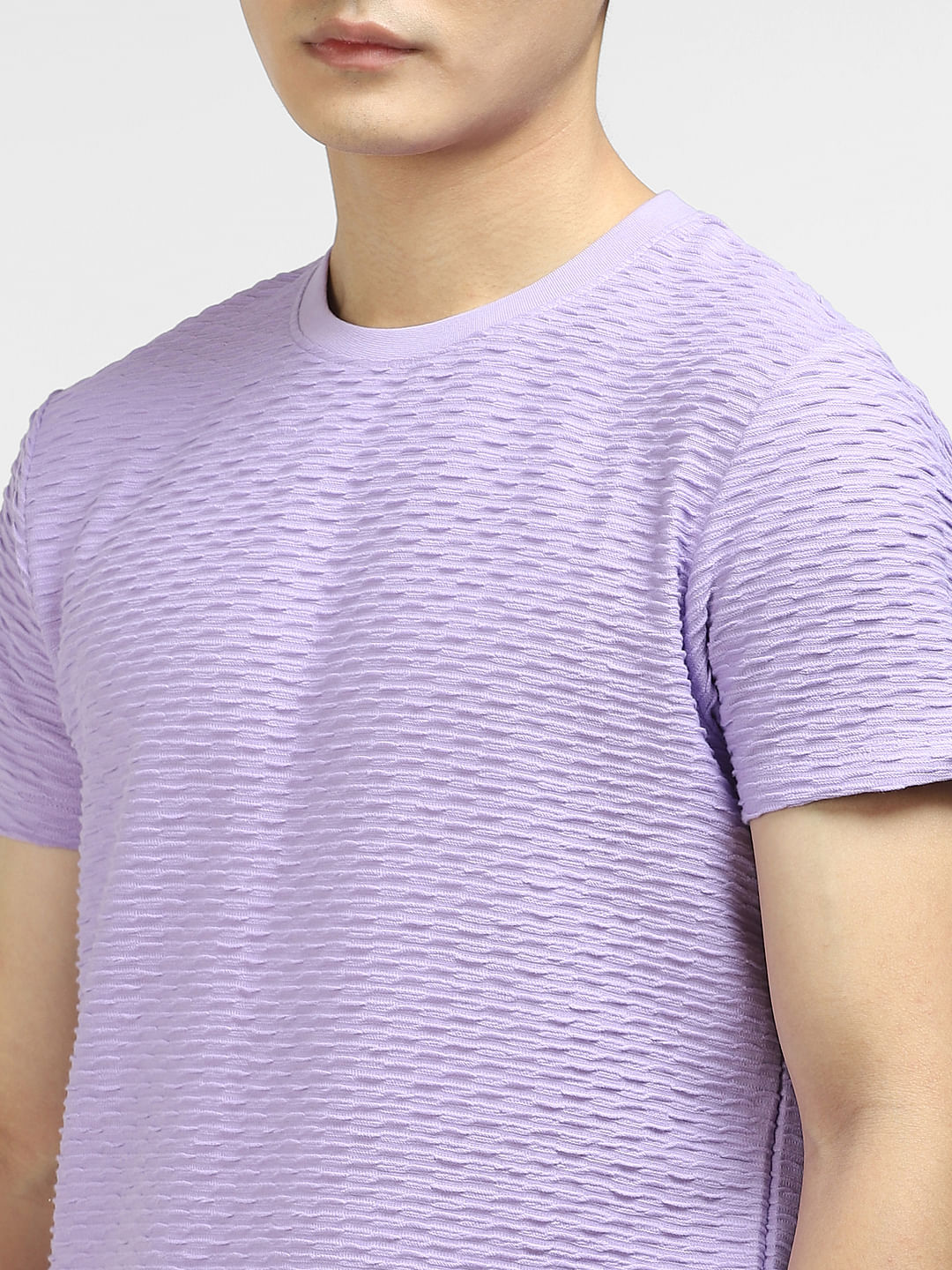 Purple Self-Design Crew Neck T-shirt