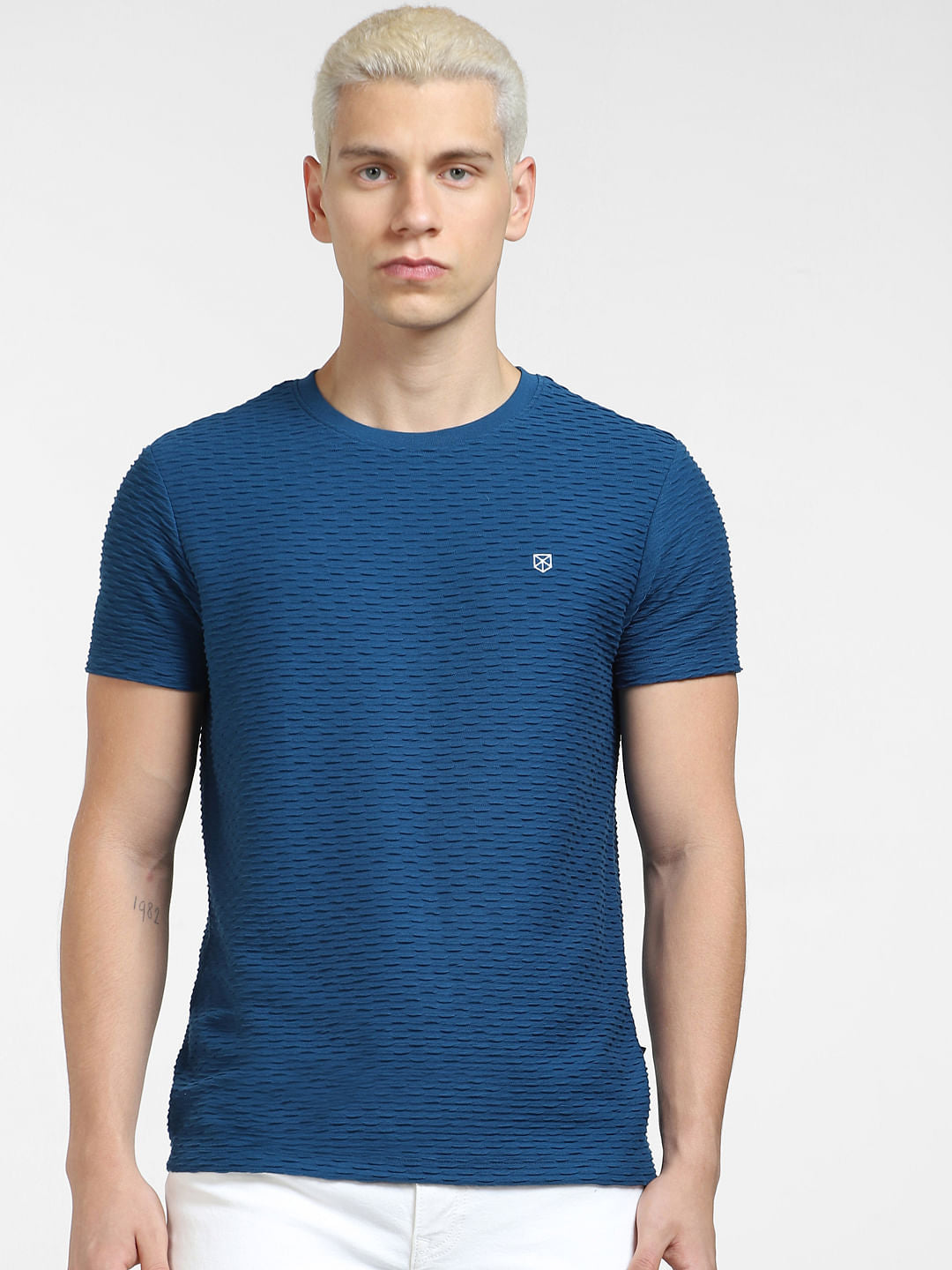 Dark Blue Self-Design Crew Neck T-shirt
