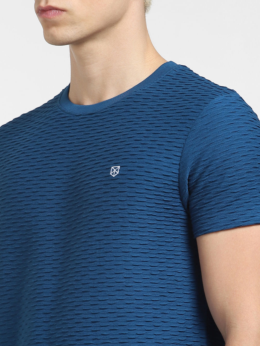 Dark Blue Self-Design Crew Neck T-shirt