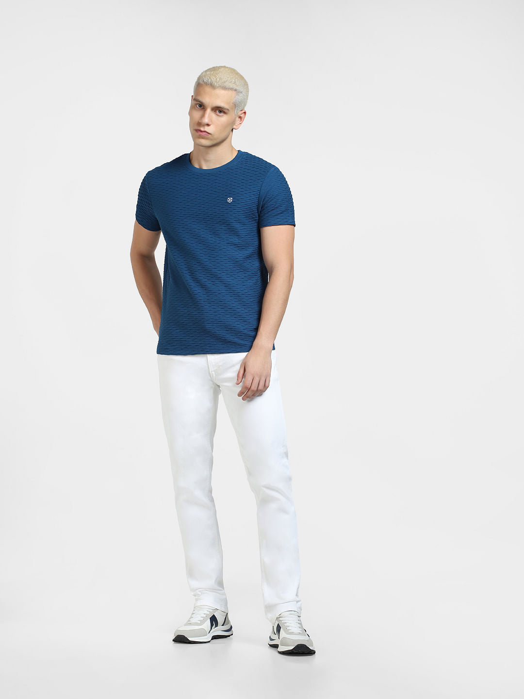 Dark Blue Self-Design Crew Neck T-shirt