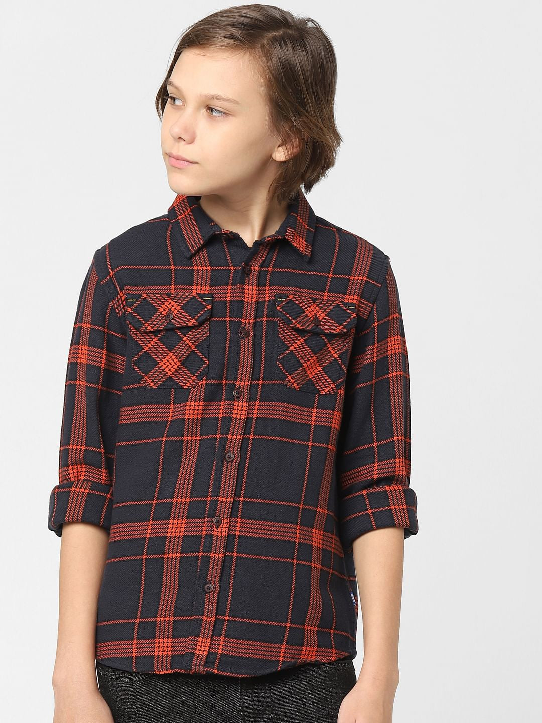 Boys Navy Blue Check Full Sleeves Shirt