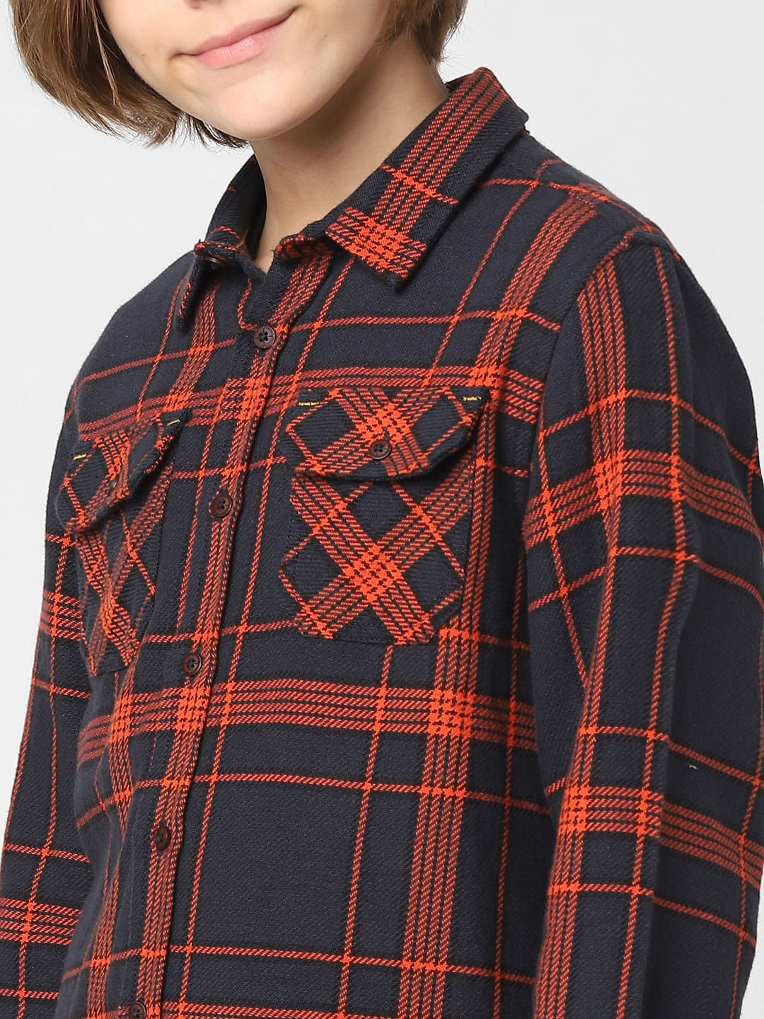 Boys Navy Blue Check Full Sleeves Shirt