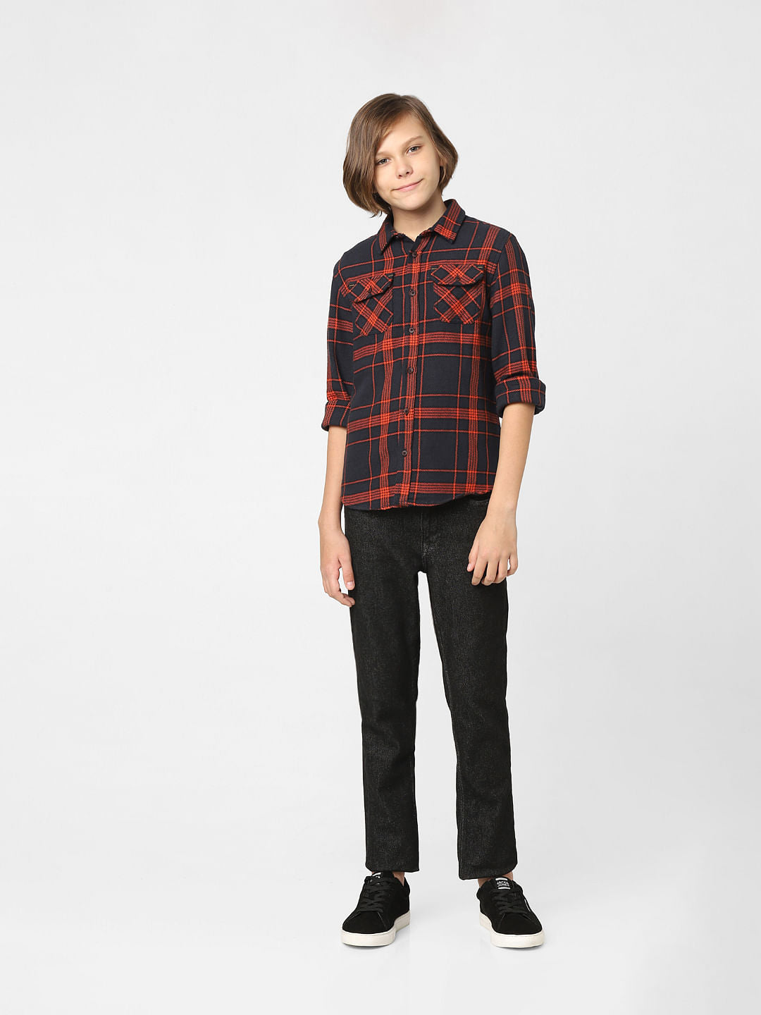 Boys Navy Blue Check Full Sleeves Shirt