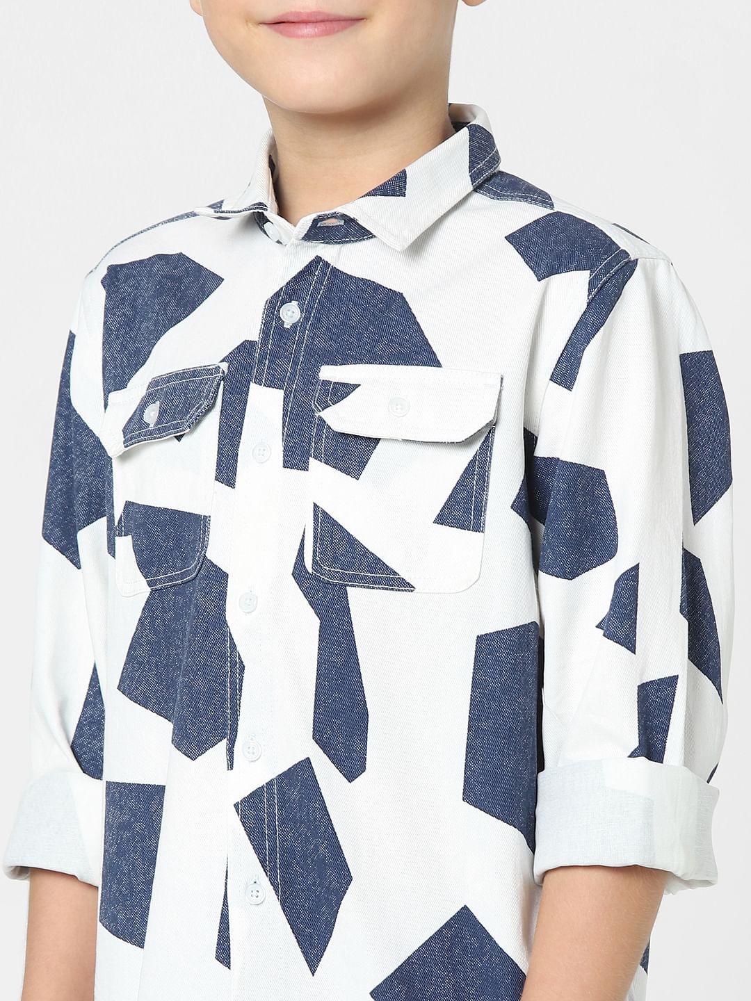 Boys White Patch Print Full Sleeves Shirt