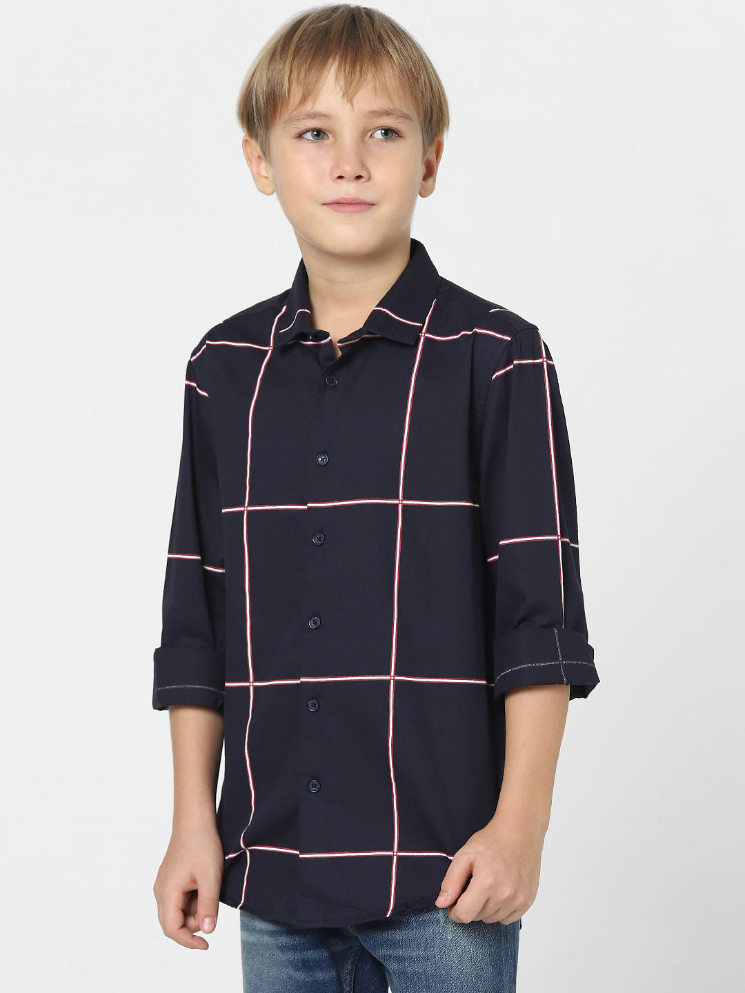 Boys Navy Blue Check Full Sleeves Shirt