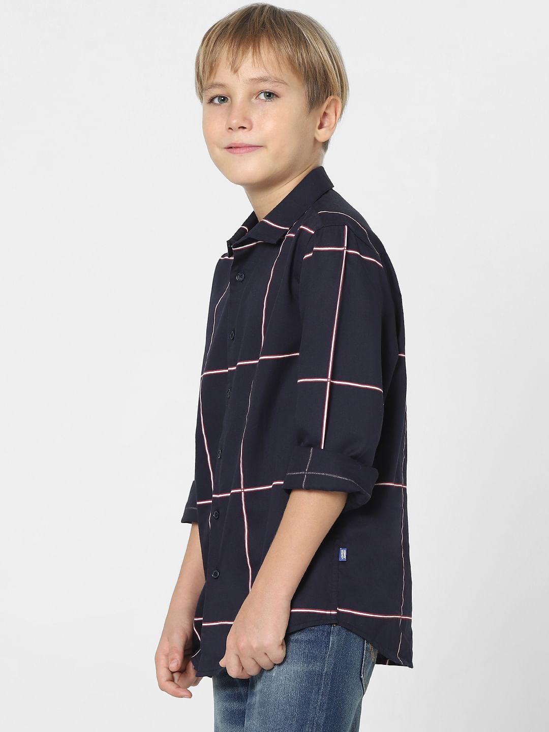 Boys Navy Blue Check Full Sleeves Shirt