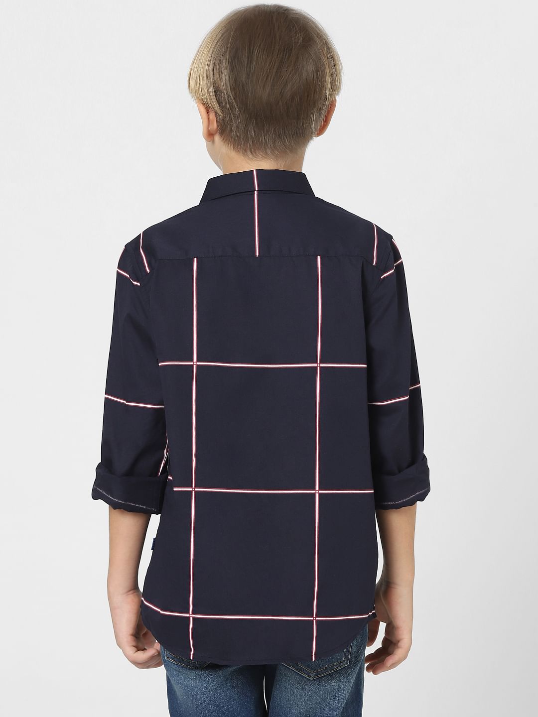 Boys Navy Blue Check Full Sleeves Shirt