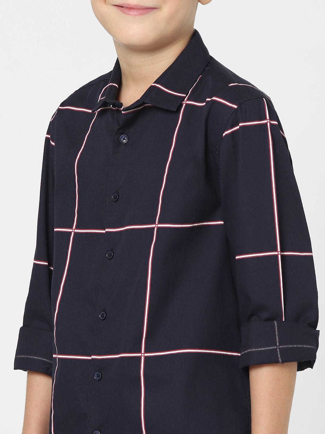 Boys Navy Blue Check Full Sleeves Shirt
