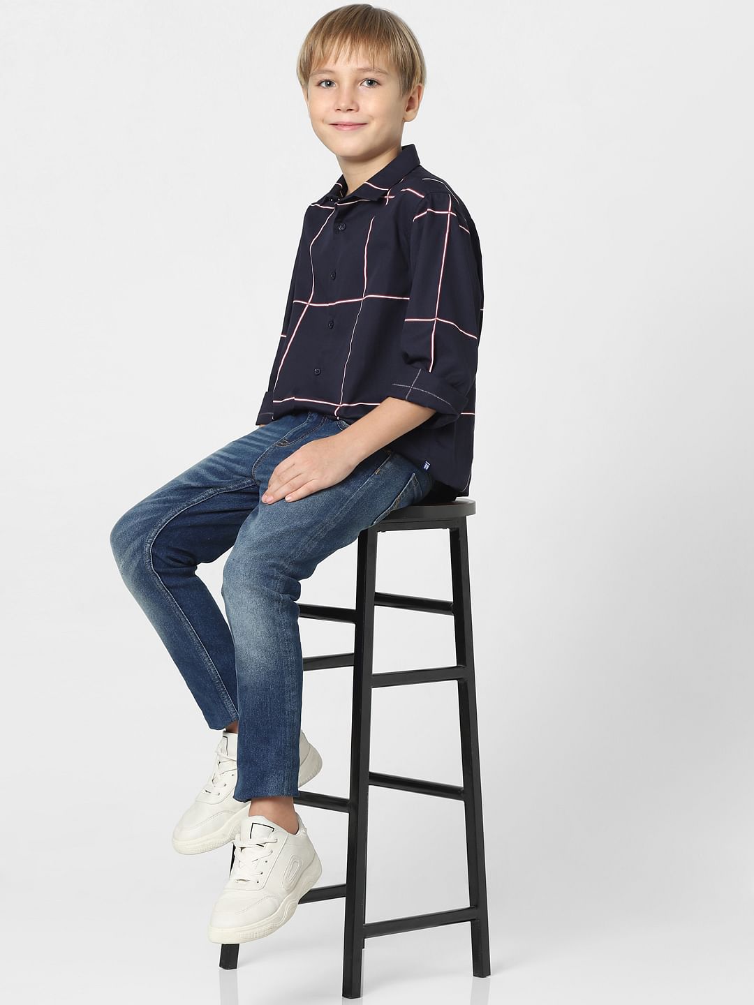 Boys Navy Blue Check Full Sleeves Shirt
