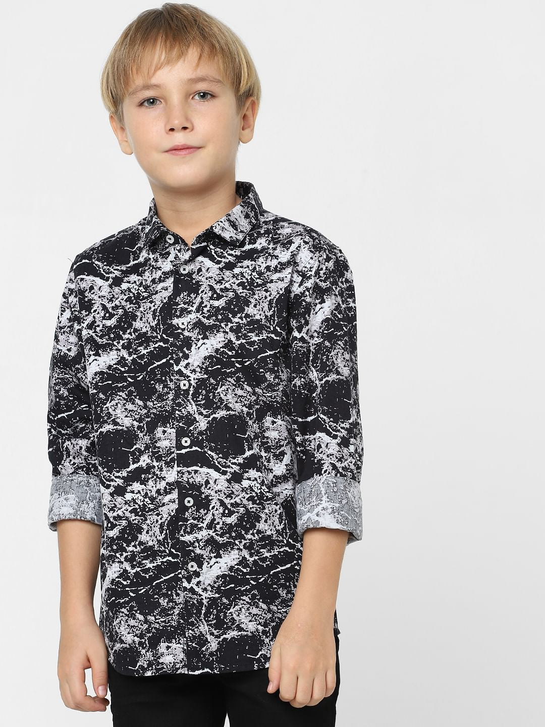 Boys Black All Over Print Full Sleeves Shirt