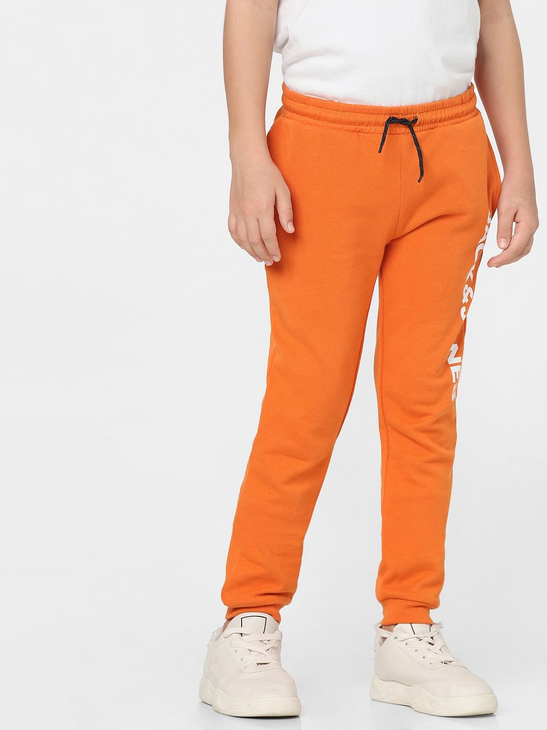 Boys Orange Mid Rise Logo Print Sweatpants