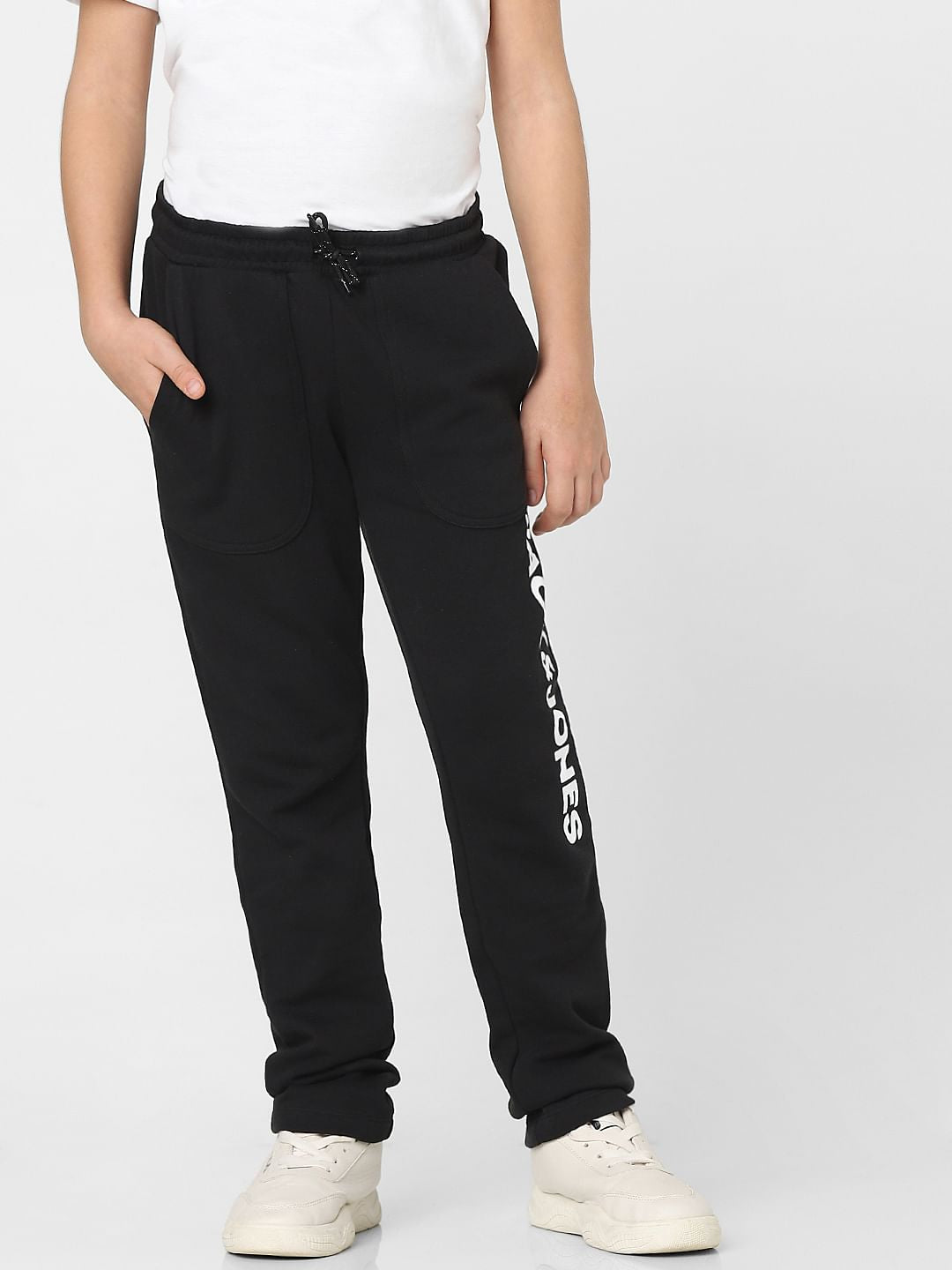 Boys Black Mid Rise Logo Print Sweatpants