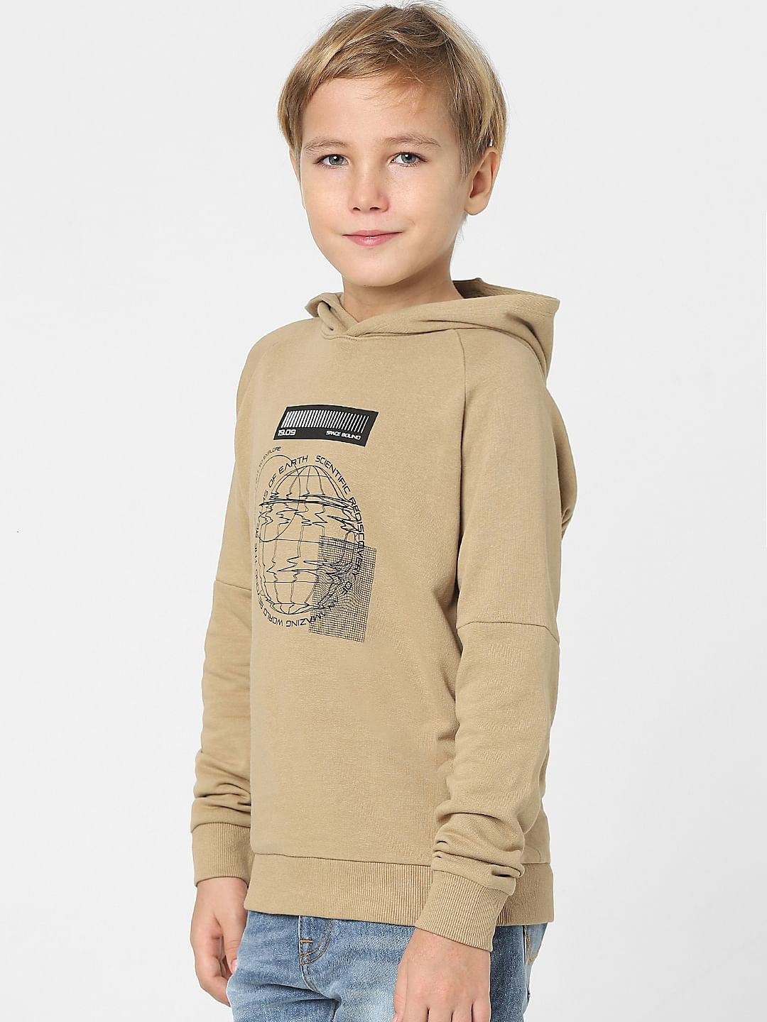 Boys Brown Graphic Print Hooded Sweatshirt