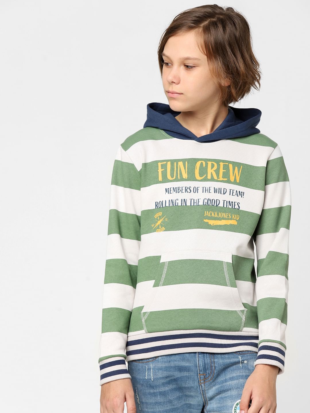 Boys Green Striped Hooded Sweatshirt