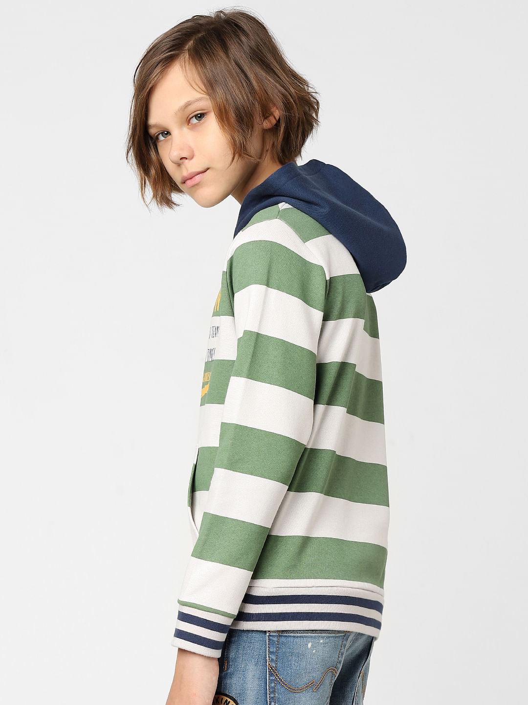 Boys Green Striped Hooded Sweatshirt