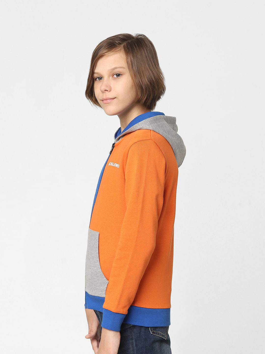 Boys Orange Colourblocked Zip-Up Sweatshirt