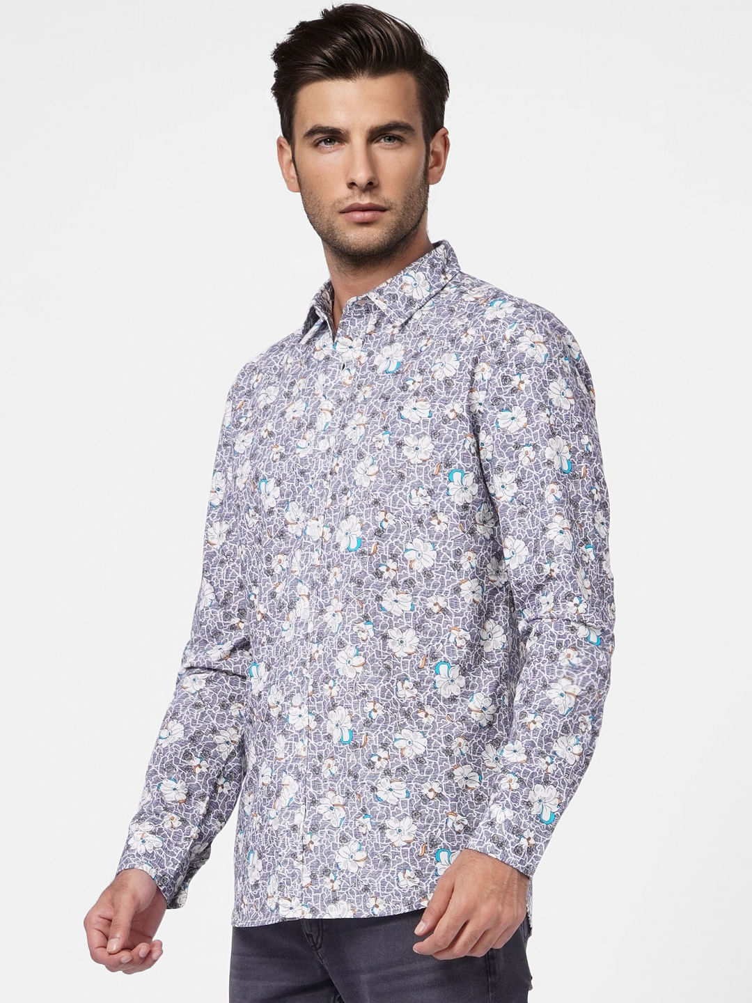 Grey Floral Print Full Sleeves Shirt