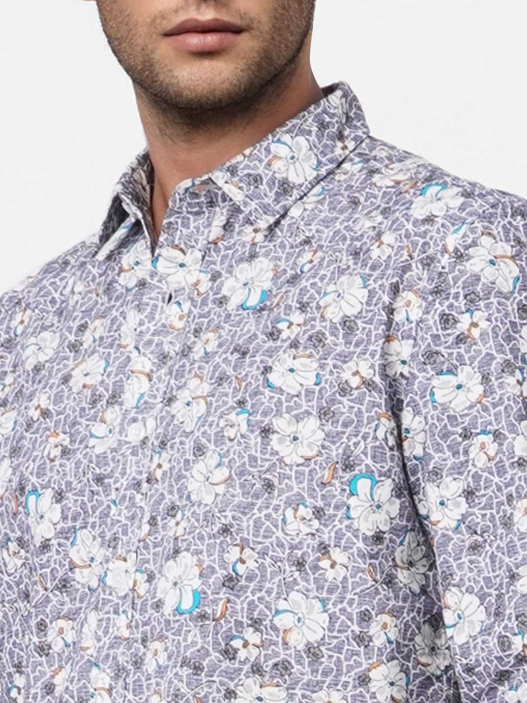 Grey Floral Print Full Sleeves Shirt