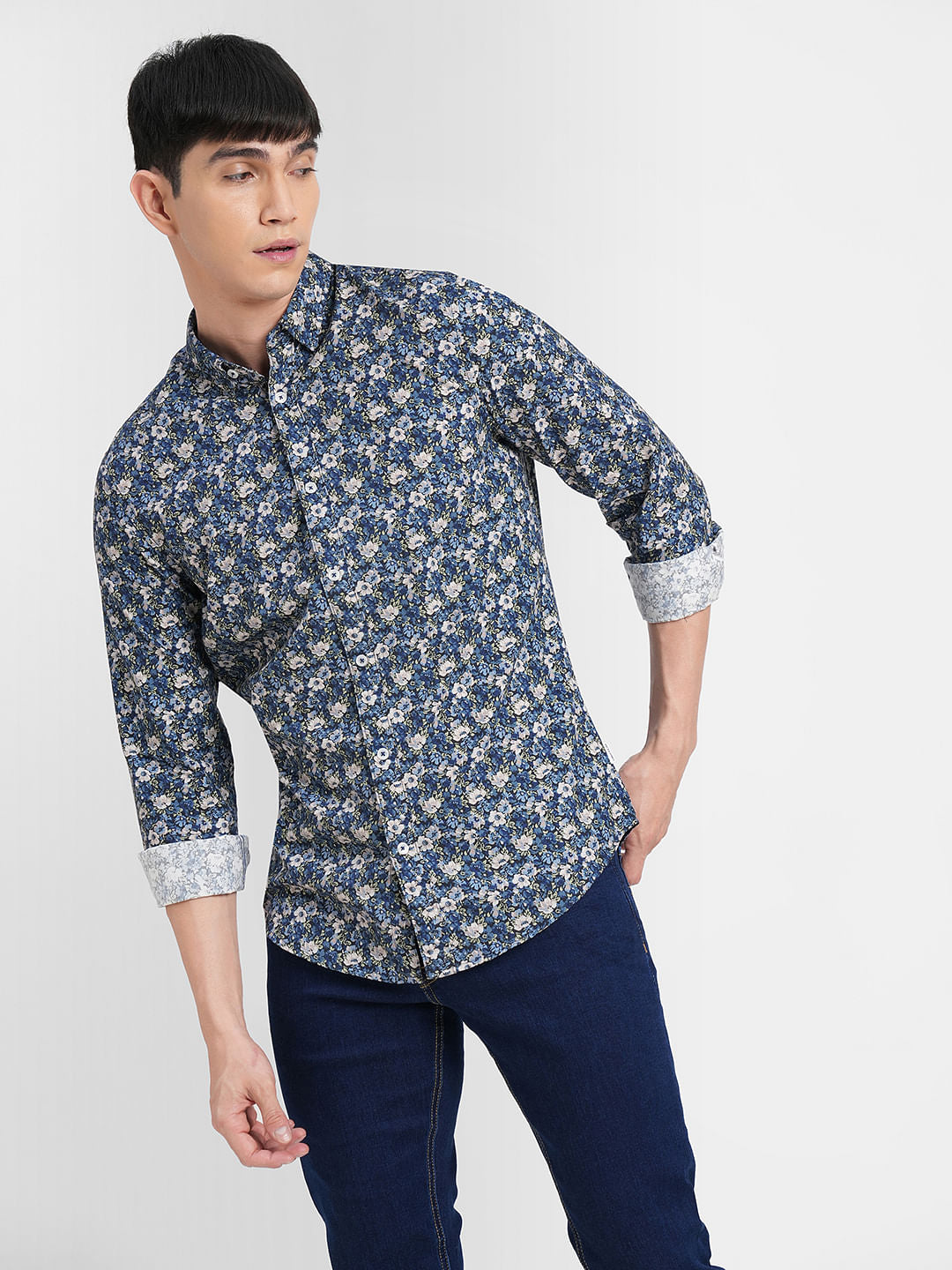 Blue Floral Print Full Sleeves Shirt