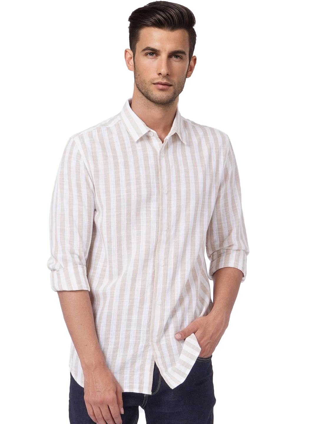 Beige Striped Full Sleeves Shirt