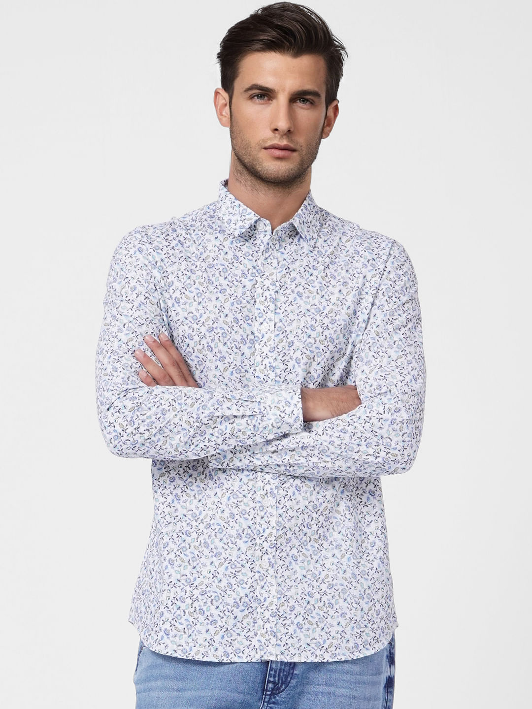 White Floral Print Full Sleeves Shirt