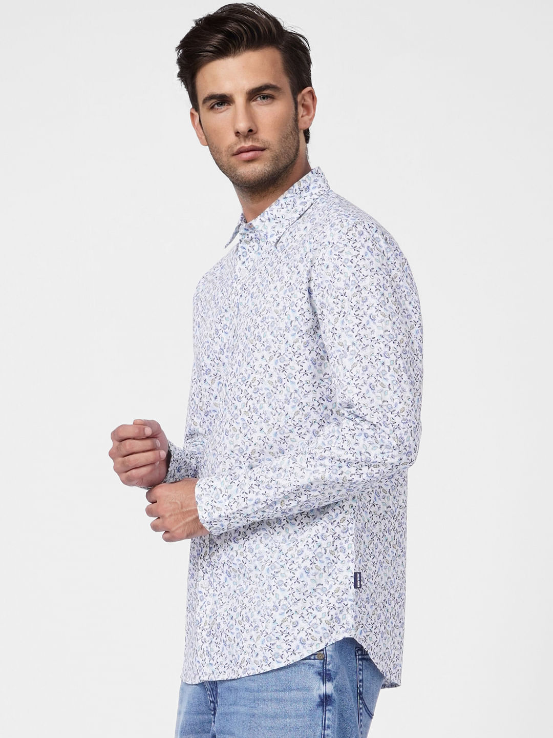White Floral Print Full Sleeves Shirt