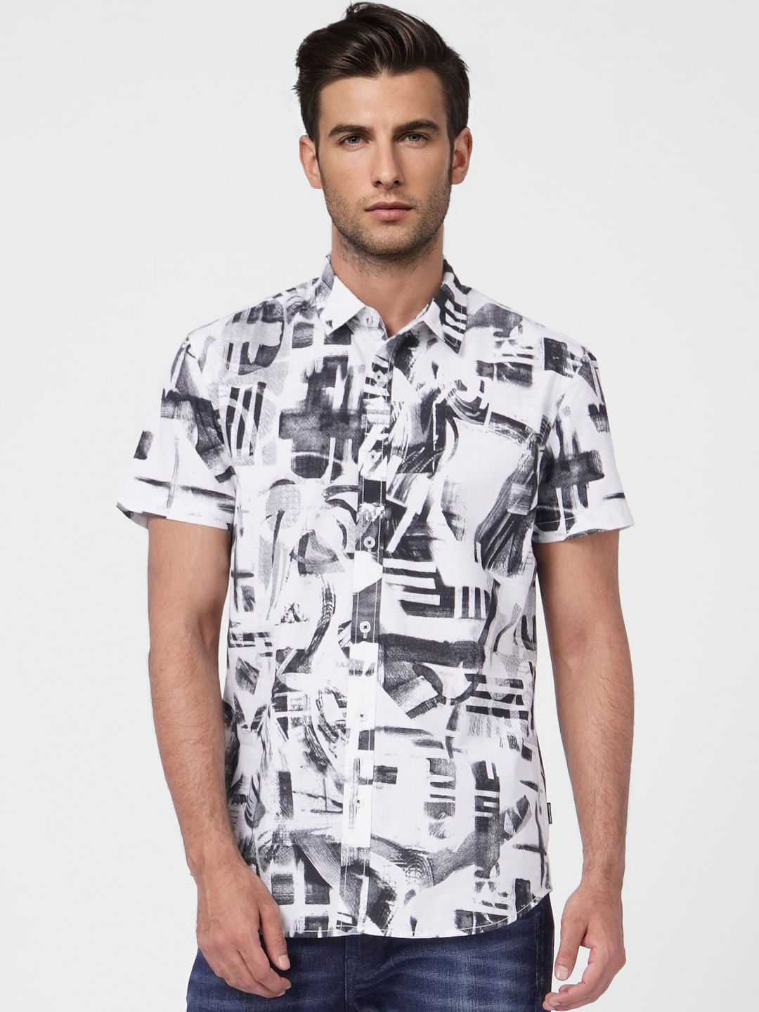 White Abstract Print Short Sleeves Shirt