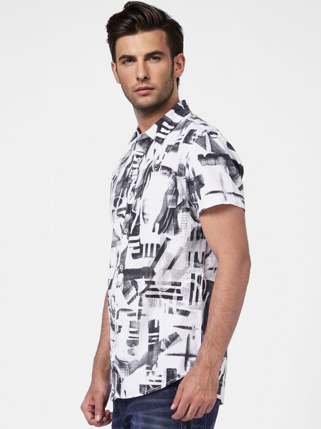 White Abstract Print Short Sleeves Shirt