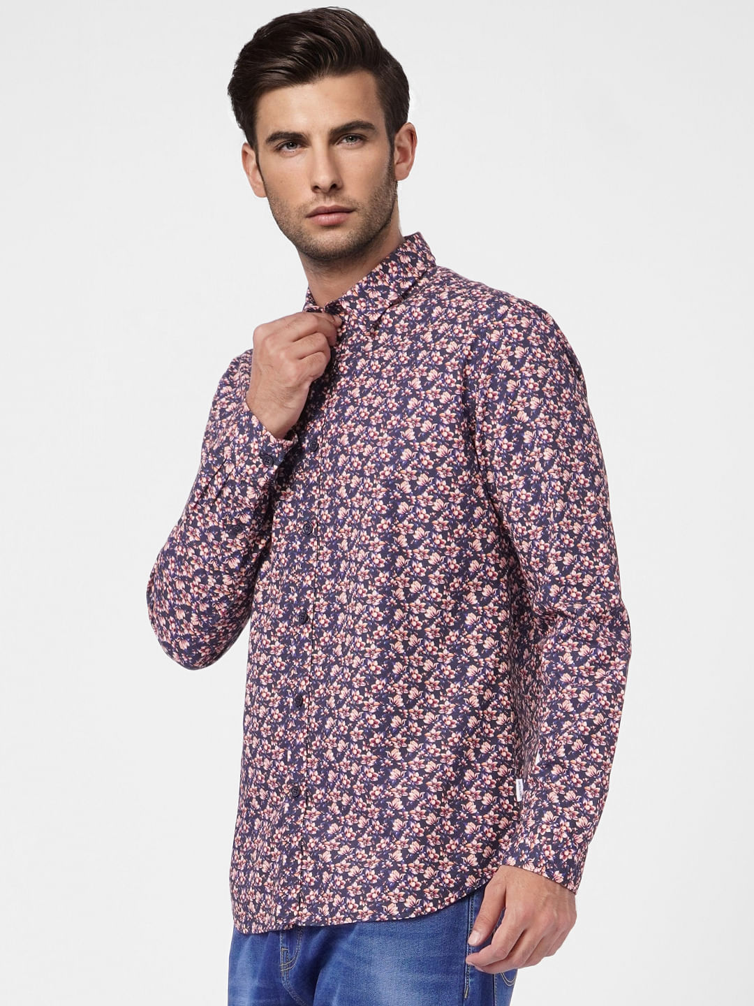 Dark Blue Floral Print Full Sleeves Shirt