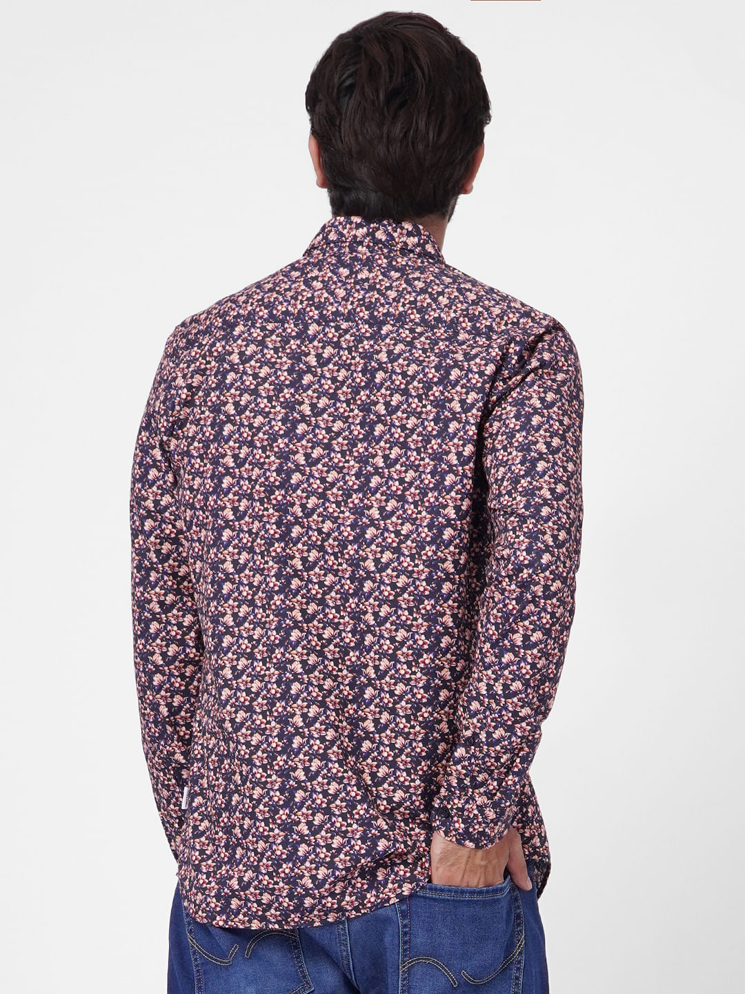 Dark Blue Floral Print Full Sleeves Shirt