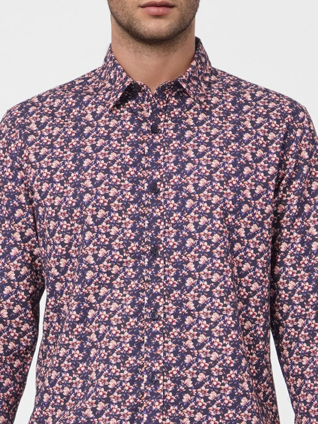 Dark Blue Floral Print Full Sleeves Shirt