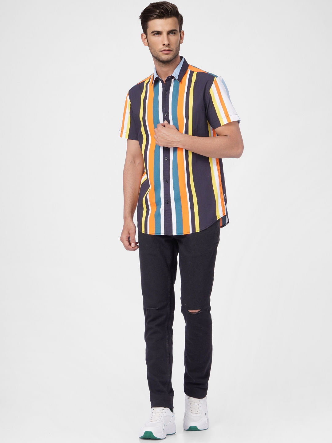 Yellow Striped Short Sleeves Shirt