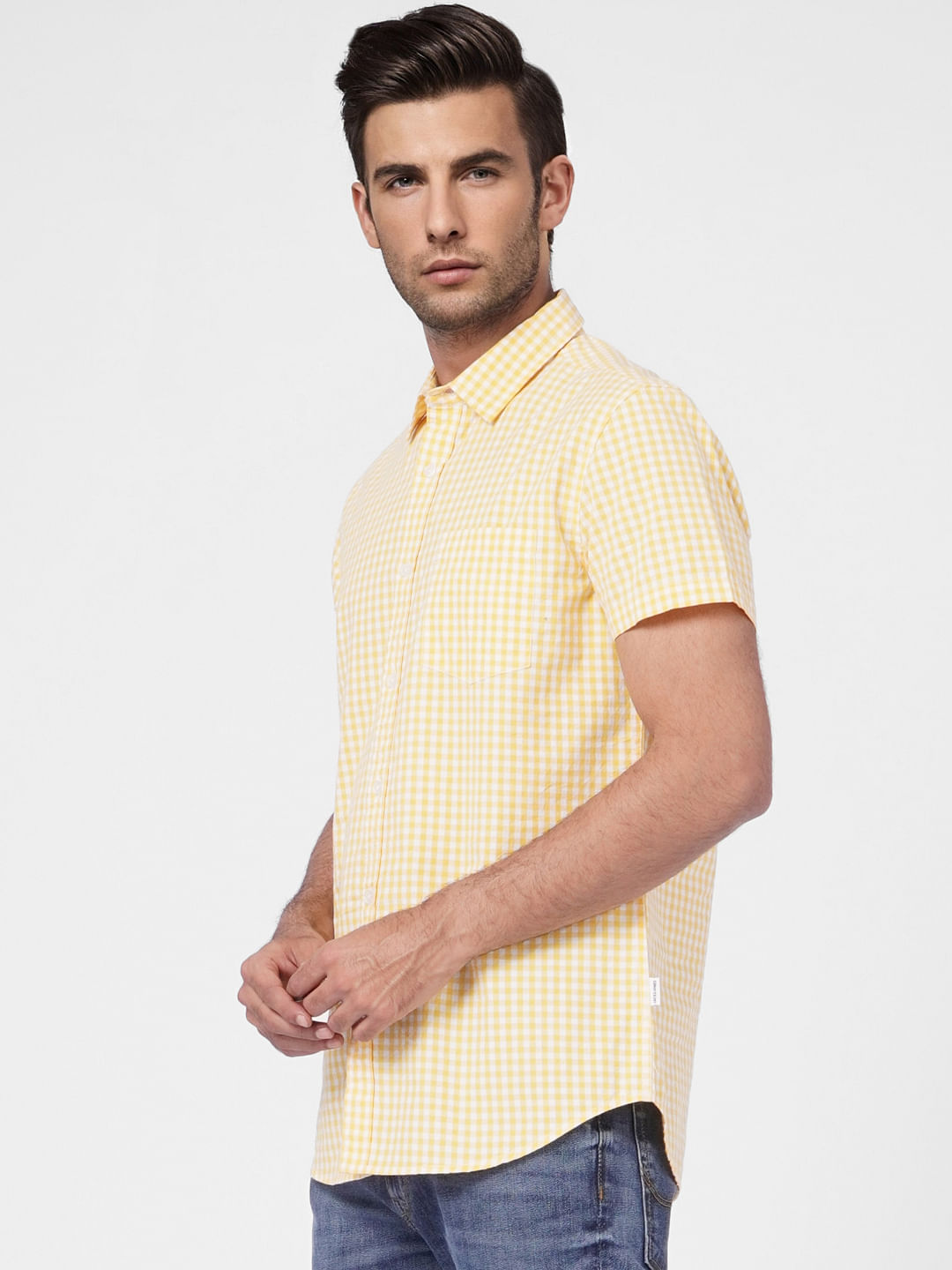 Yellow Check Print Short Sleeves Shirt