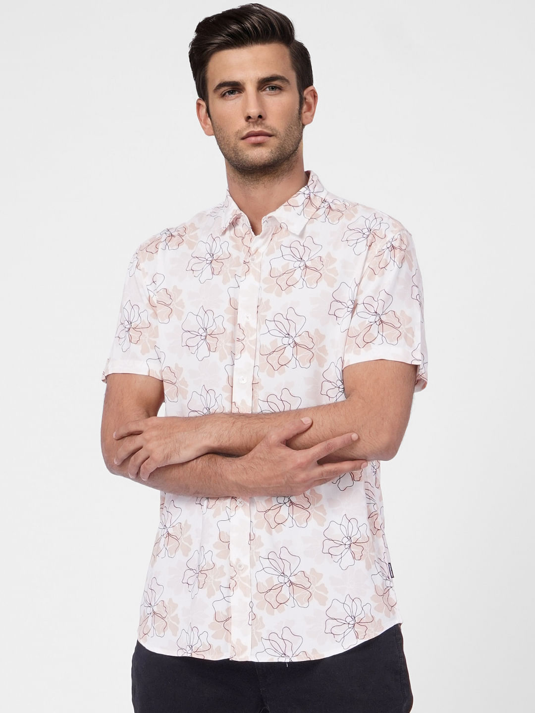 Beige Floral Short Sleeves Shirt