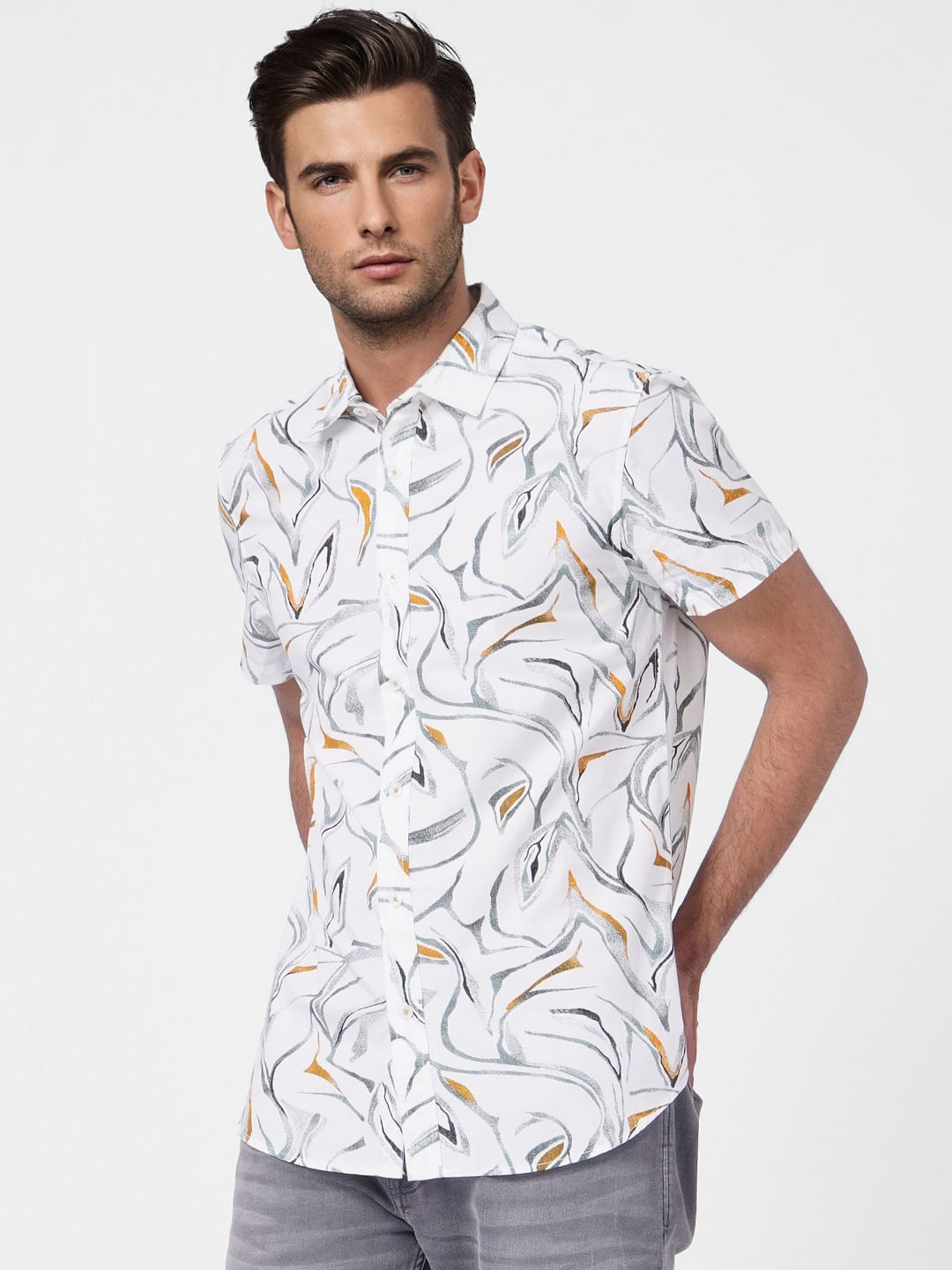 White Abstract Print Short Sleeves Shirt